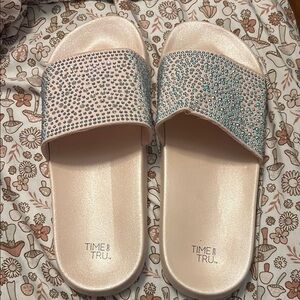 Time and Tru Women's Slide Sandals - Cream and Blue